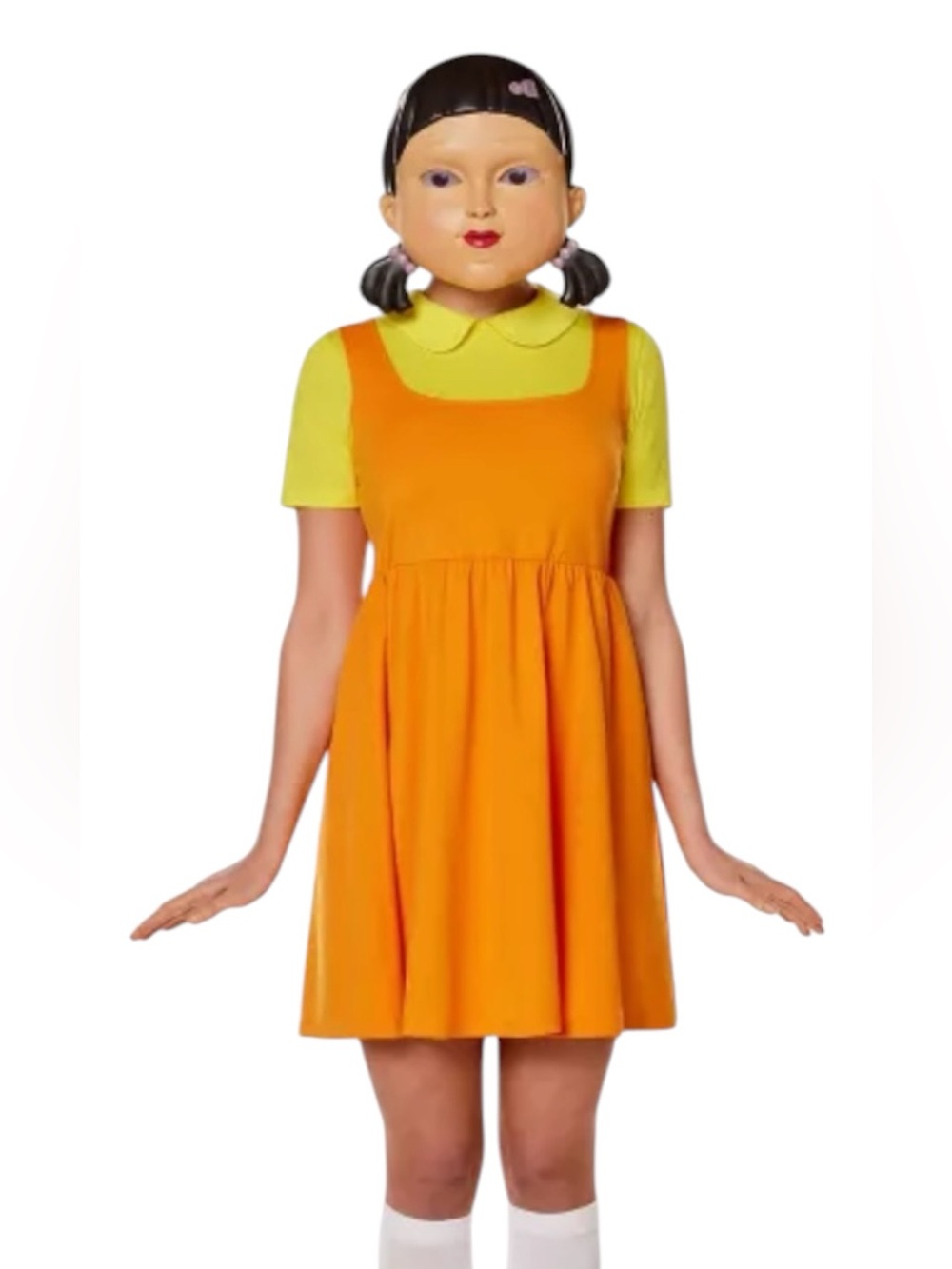 Squid Game Young Hee Orange Pinafore Costume Dress with Yellow Top and Mask Sz M